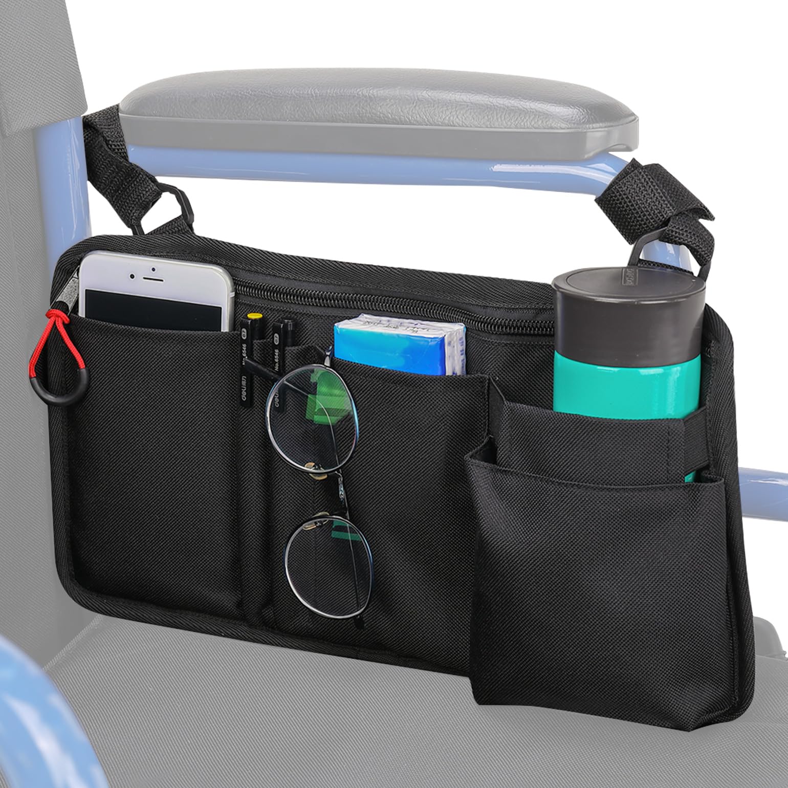 JOYTUTUS Walker Side Bag Wheelchair Armrest Storage Pouch with Cup Holder Wheelchair Accessories for Seniors Walker Bag Cup Holder for Walker Rollator Electric Scooter or Wheelchair Black